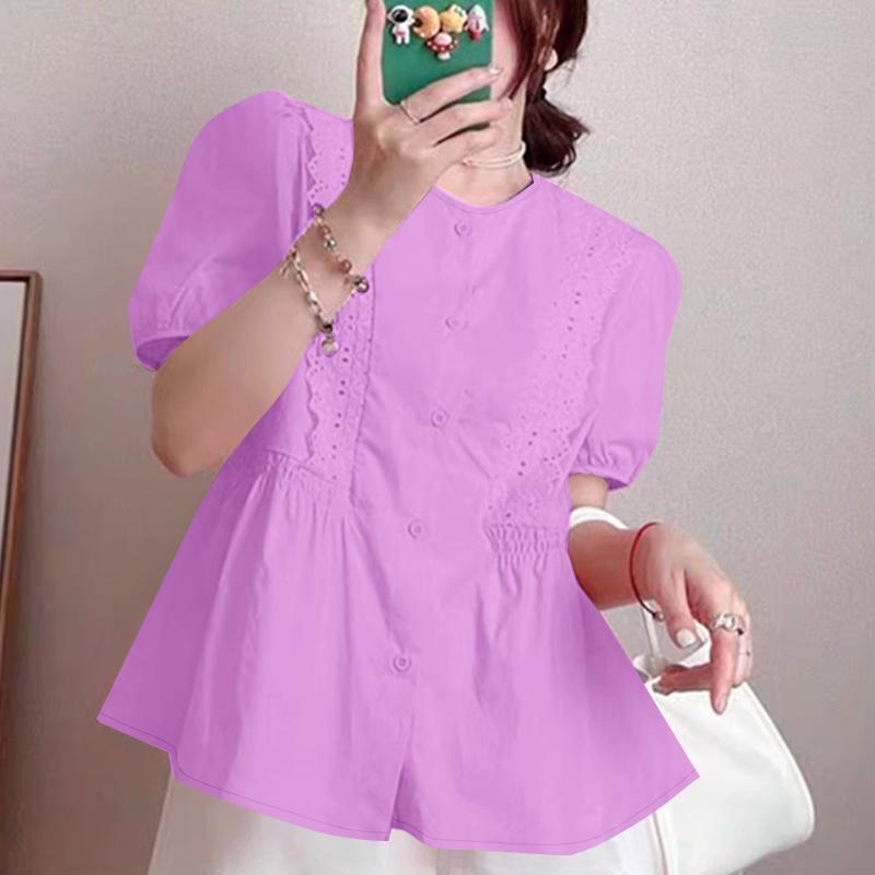 

ZANZEA Женская летняя повседневная блузка с кружевной вставкой и коротким рукавом фиолетовый