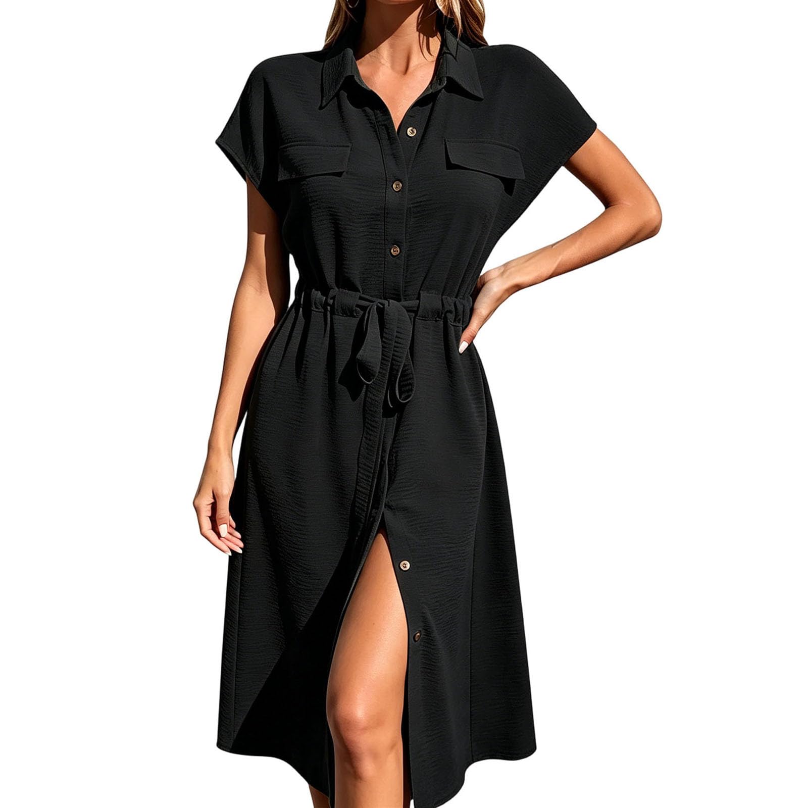 

Women s Casual Button Down Shirt Dress with Waist Tie and Short Sleeves Midi Length Relaxed Fit Lightweight Fabric XL чёрный