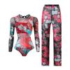 Costume da bagno intero da donna a maniche lunghe in rete con protezione solare e pantaloni
