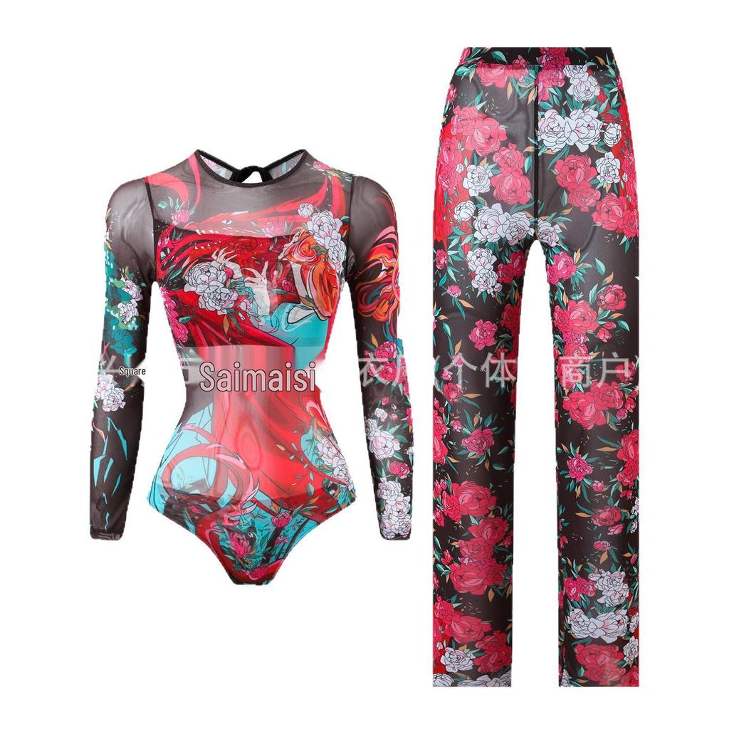 Costume da bagno intero da donna a maniche lunghe in rete con protezione solare e pantaloni