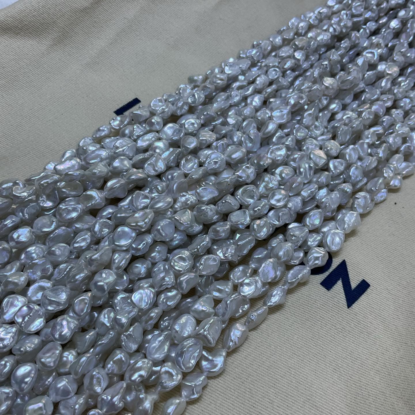 8-9mm Freshwater Pearl Necklace: Smooth Irregular Silver Pearls, Semi-finished. 8-9mm