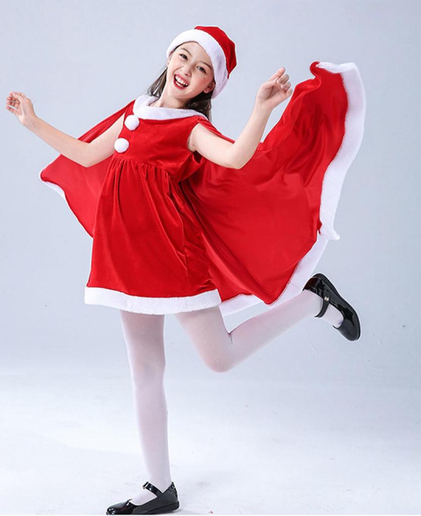 MiniAya Tomtekostym för Flickor, Juloutfit med Kappa och Hatt, Söt Röd och Grön Poncho, Fluffig Jultomtekostym för Flickor, Perfekt