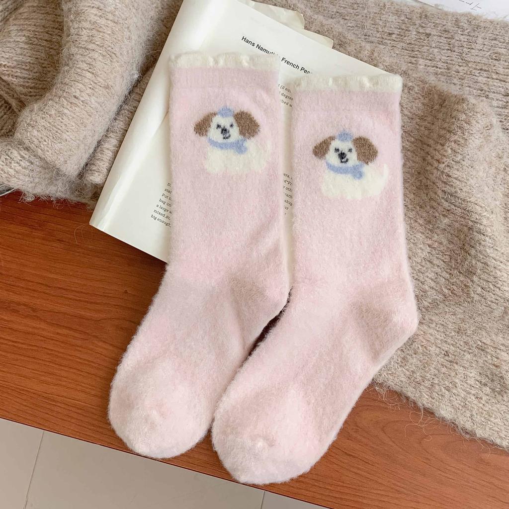 Rosa Welpen Plüsch Socken Wintersocken Plüsch Verdickt Warm Nahtlos Mittelrohr Zuhause Cartoon Schlaf Socken