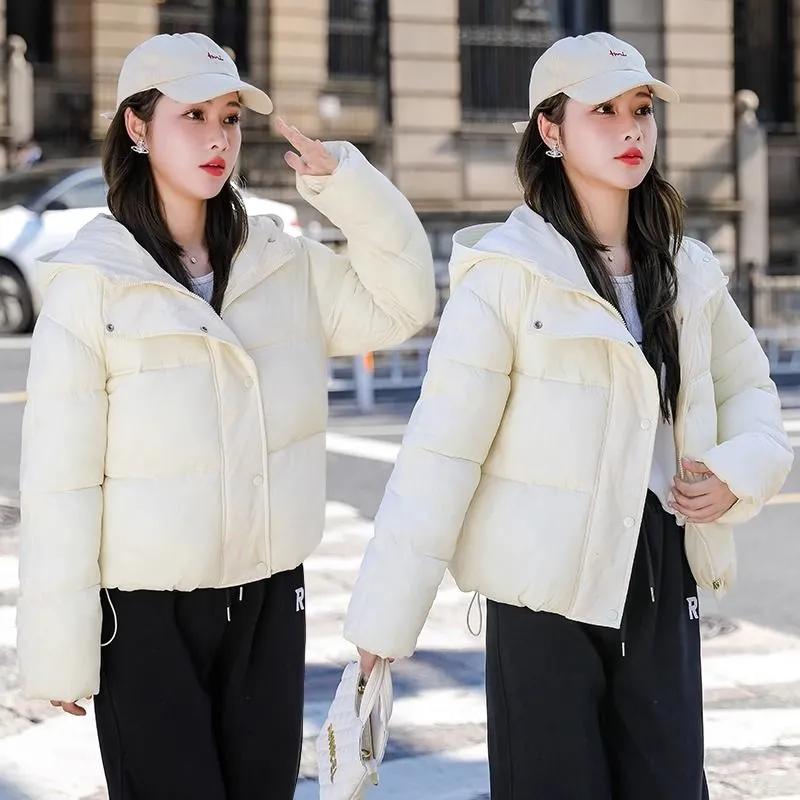 Women's Autumn Winter Korean Version Loose Hooded Thick Coat Short Overcoat Solid Causal Parkas Jacket