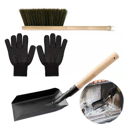 Juego de 3 unidades de herramientas de limpieza para chimenea interior, pala para cenizas, cepillo para chimenea, Kit de guantes de silicona negros, para acampar, barbacoa y chimenea