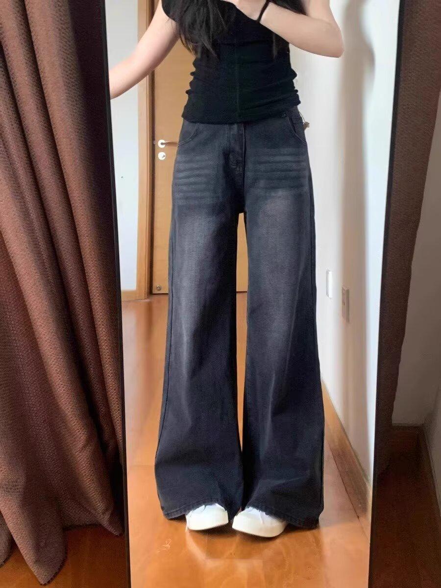 

Высокие женские очень длинные джинсы ретро черного и серого цвета с широкими штанинами и высокой талией - Утягивающие брюки прямого кроя длиной до пола XL черный серый