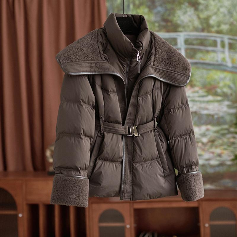 Winter Jacket Coat Female Parkas Fashion Lamb Wool Double Collar Short Belt Warm Down Cotton Jacket Women Outerwear Top