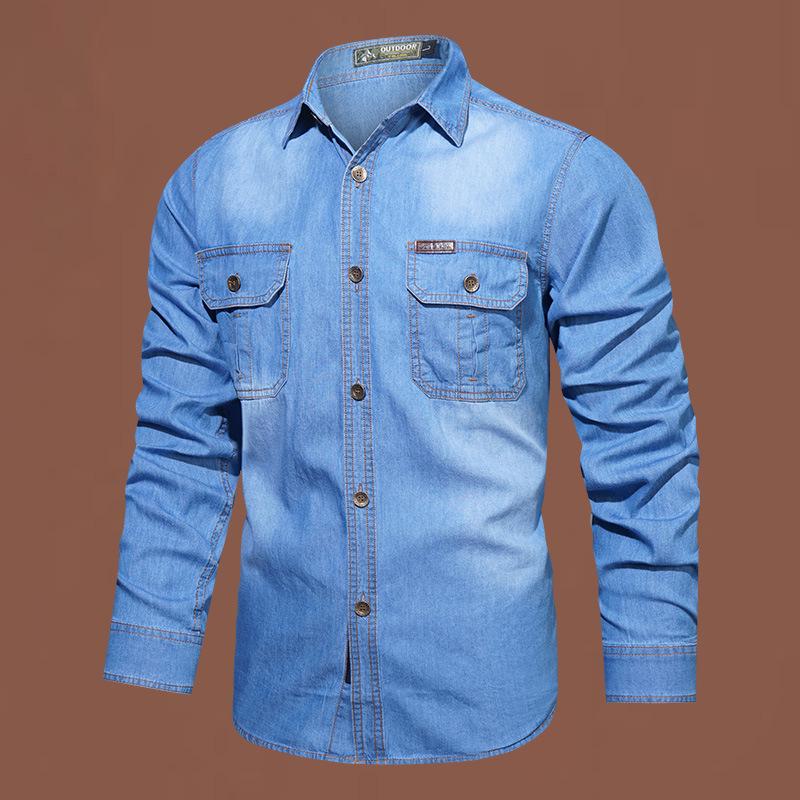 Men's Casual Washed Denim Long Sleeve Shirt - Pure Cotton and Bamboo Blend