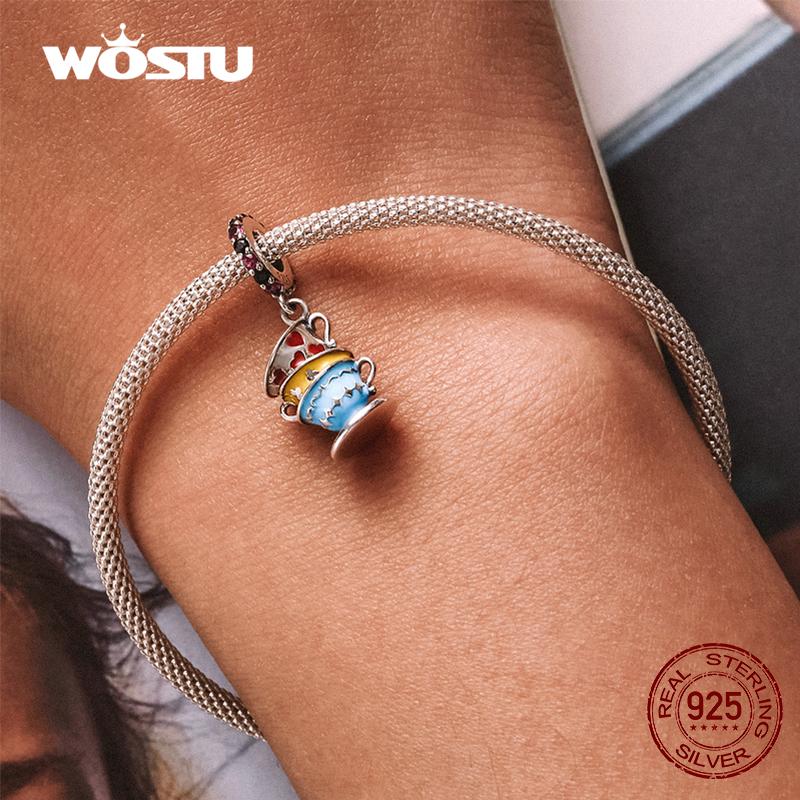 WOSTU 925 Sterling Silver Cute Magic Teacup Pendent Charms Beads for Women Fit Original DIY Bracelet Necklace Birthday Jewelry