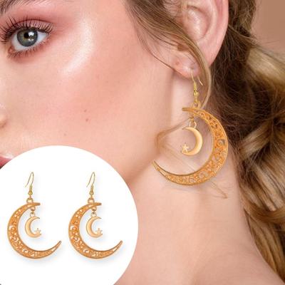 Yousheng 1 Pair Retro Star Moon Hook Earrings Female Double Moon Hollow Design Drop Earrings Ethnic Style Jewelry Accessories