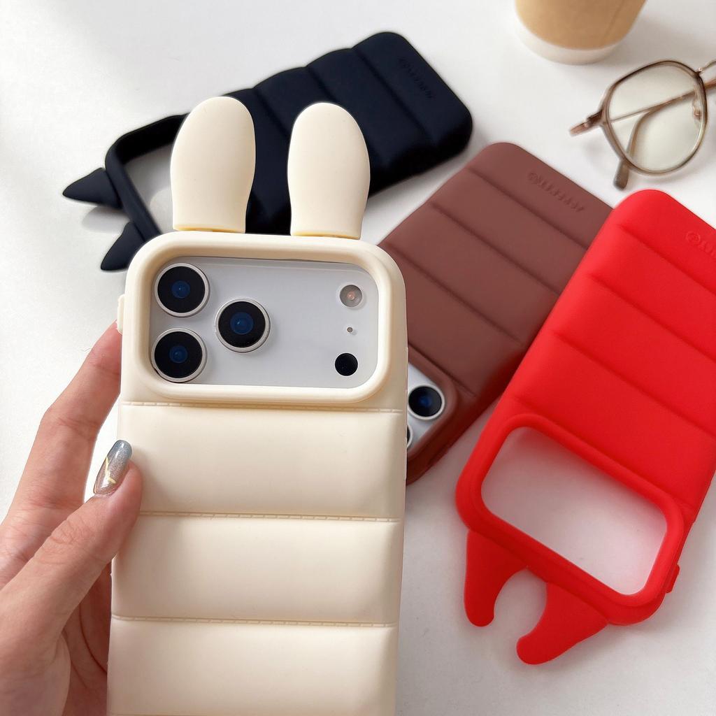 Kawaii 3D Angels Wings Bear Rabbit Cat Ears Solid Color Phone Case for iPhone 17 16 15 14 13 Pro Max Plus Soft Silicone Shockproof Protective Cover