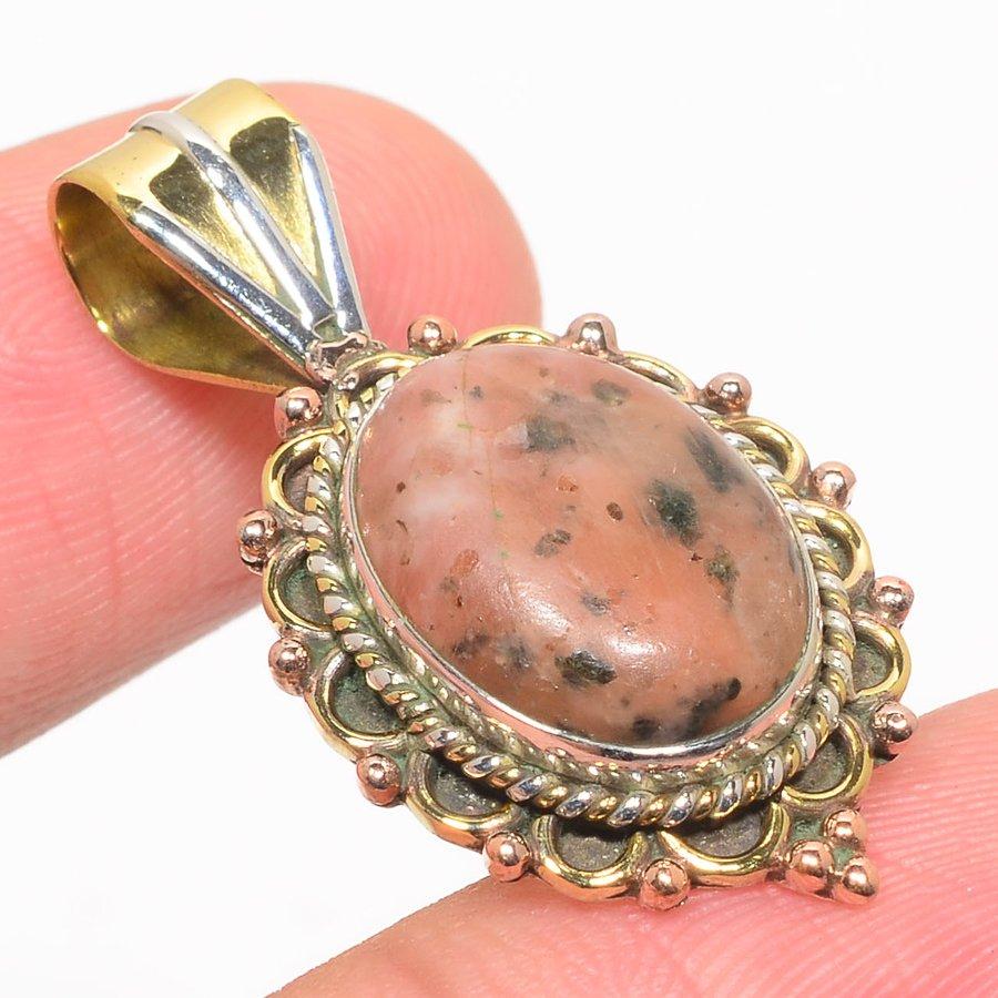 Natural Rhodonite Gemstone Two Tone 925 Solid Sterling Silver Pendant 1.25" U7C96