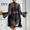 See Through Sleepwear Sexy Mesh Set, Women Lace Kimono Robe with Sheer Bra & Panty, Three Piece Nightgown for Ladies Nightwear