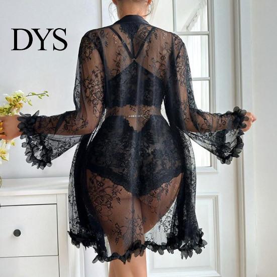See Through Sleepwear Sexy Mesh Set, Women Lace Kimono Robe with Sheer Bra & Panty, Three Piece Nightgown for Ladies Nightwear