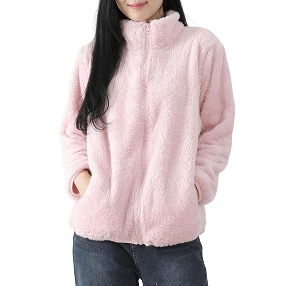 Women Winter Coat Thick Plush Stand Collar Neck Protection Keep Warm Long Sleeves with Pockets Outdoor Commuting Jacket