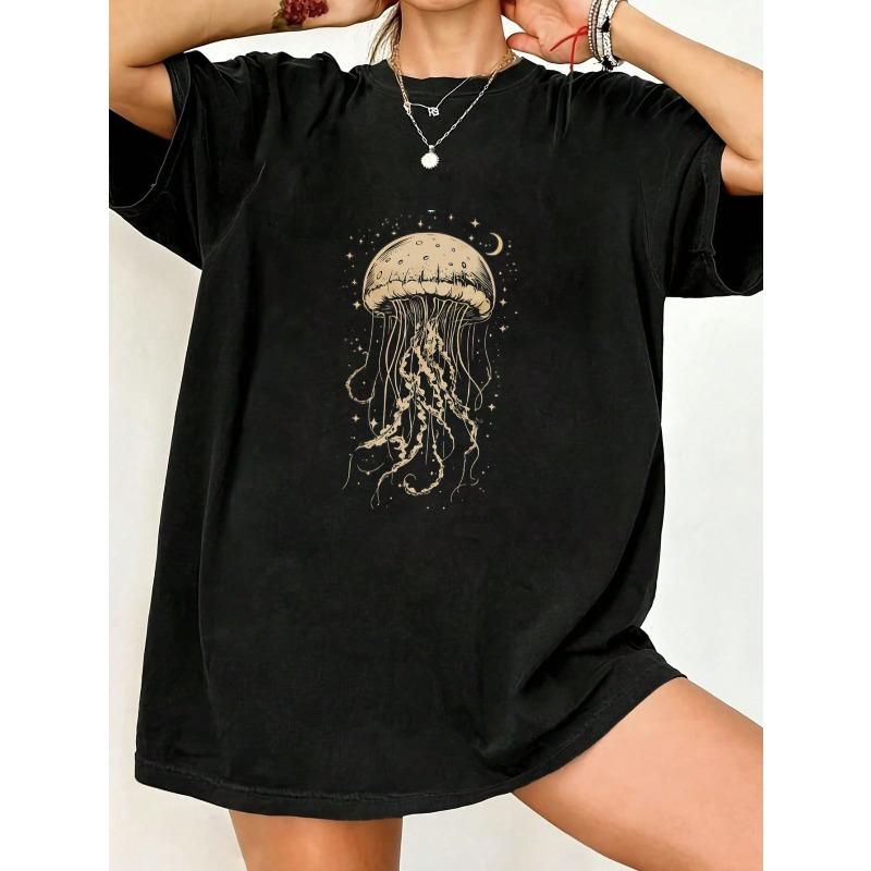 

Black Oversized T Shirt With Jellyfish And Moon Print For Casual Wear S