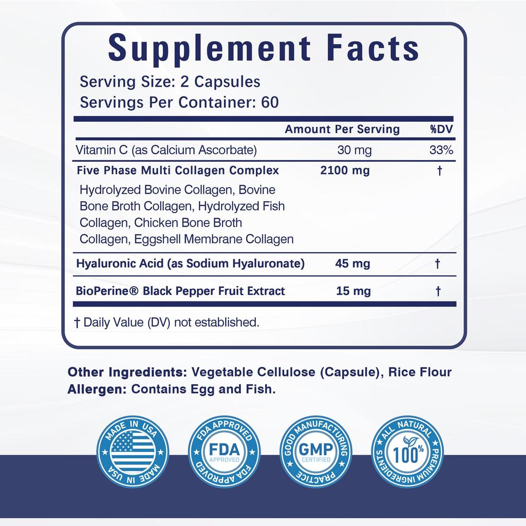 Premium Collagen Pills for Women - 120 Capsules, 2100 mg Grass Fed Collagen Supplements (Type I, II, III, V, X) + Vitamin C, Anti-Aging, Skin, Hair