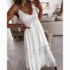 Sleeveless Summer Beach Long Sexy Dress Women Elegant V-neck Hollow Lace Spliced Dress Solid Vacation Loose Vintage Bohemia Dresses 24165