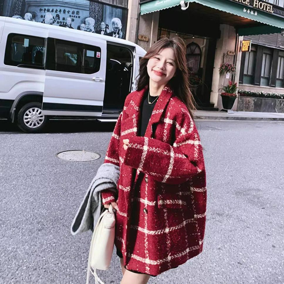 Red Plaid Temperament Suit Woolen Jacket Women's Winter Short Loose Thickened Woolen Blazer