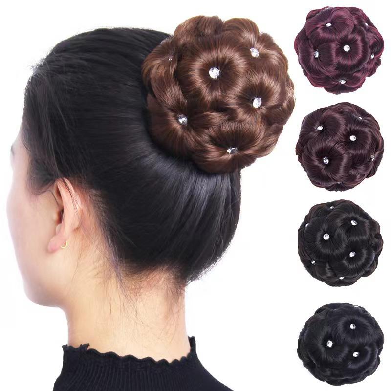 Synthetic Hair Bun Bud Hair Clips With Diamond Colorful Shiny For Women Ponytail Claw Clip Lifelike Hairpiece Styling Tools