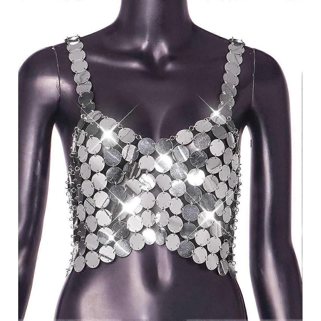 Women Sparkly Sequins Silver Chest Chain Bra Metallic Halter Backless Cami Crop