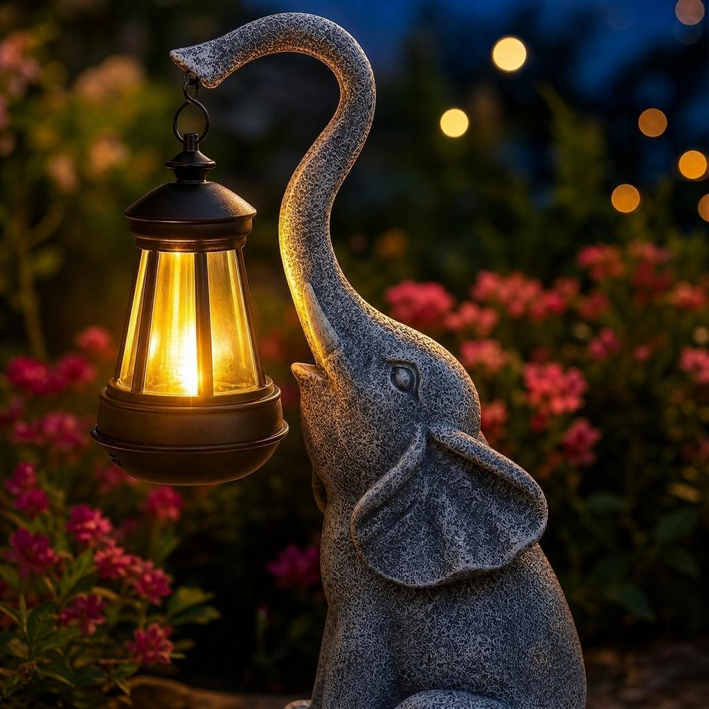 Outdoor Elephant Statue Solar Lantern Garden Decor Resin Animal Sculpture Yard Ornament with Hanging Lantern for Patio Pathway Lighting