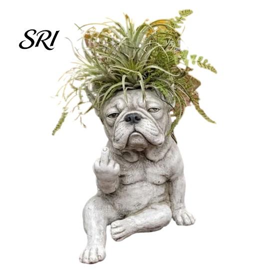 Bulldog Face Planter Funny Pot Novelty Middle Finger Dog Flower Cute Animal Garden Statue for Outdoor Indoor Office Desk Decor Patio Plant