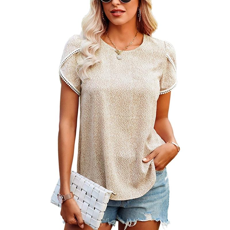 

Женская повседневная футболка с короткими рукавами и кружевной строчкой на весну и лето XXL бежевый