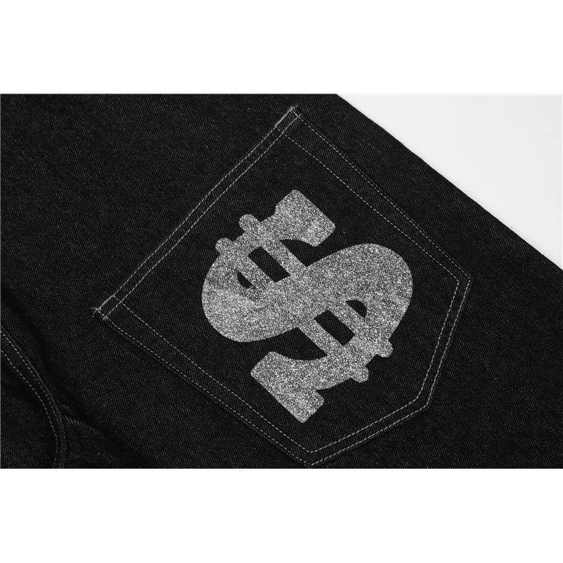American Street Retro Letter Printing Washed Black Jeans Hip-hop Loose Straight Wide-leg Trousers Ins