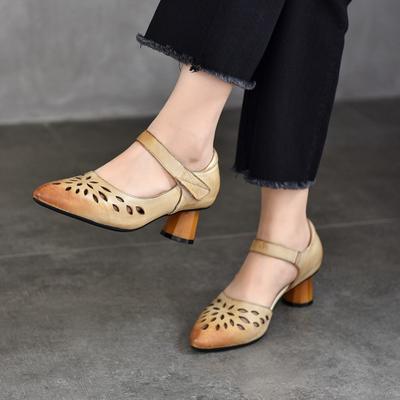Retro High Heels Hollow Out Genuine Leather Pointed Toe Elegant Women's Sandals
