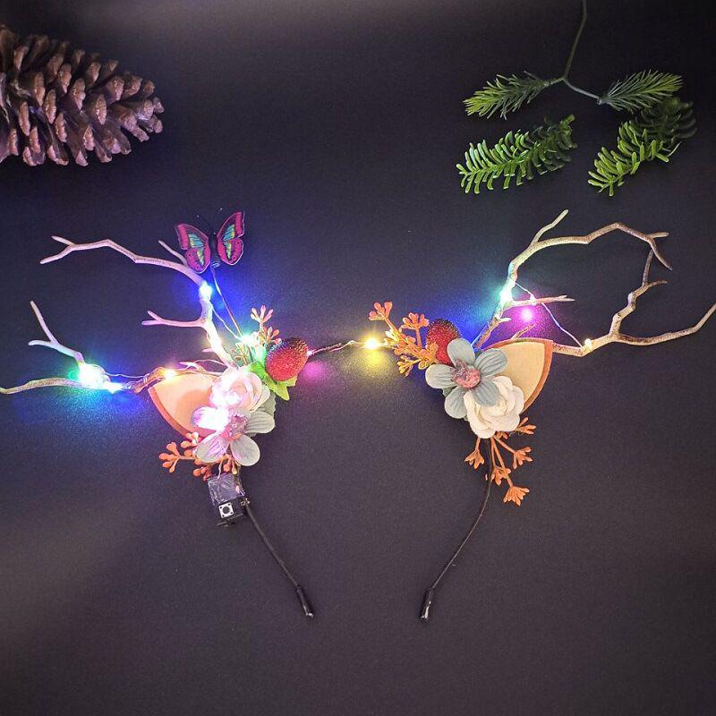 Luminous Reindeer Berry Antler Headband with Cat Ears - Christmas Accessory