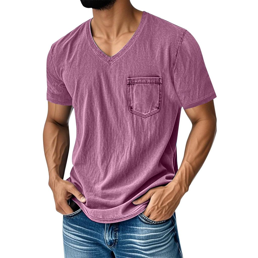 Men's Summer Solid Color V-Neck Loose Pocket Short Sleeve Top