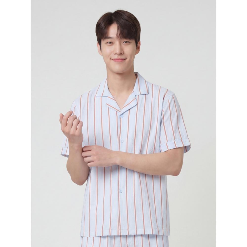 Daiso [pubLic] Pattern Piping Short SLeeve Pajamas L Sky bLue