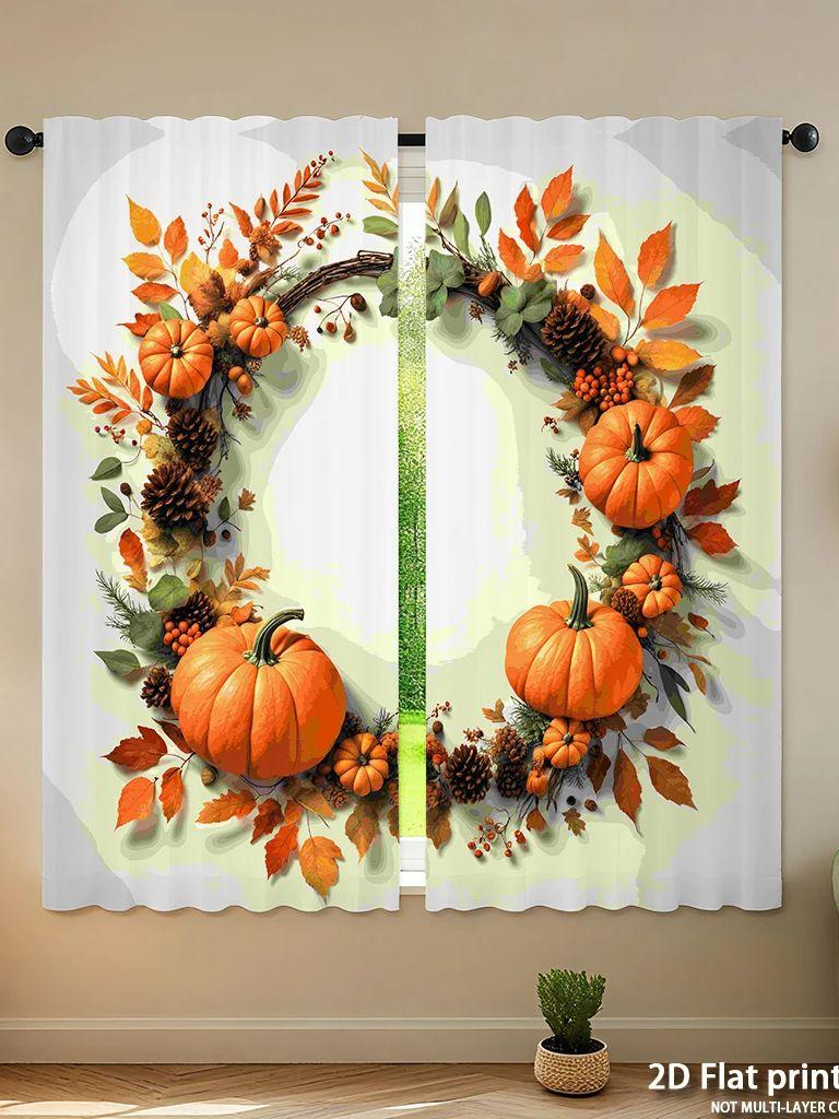 Piece Set High Definition Digital Printed Curtainsautumncolorfulleavespumpkinwreathfoliagepineconehome Decoration Style Curtain Polyester