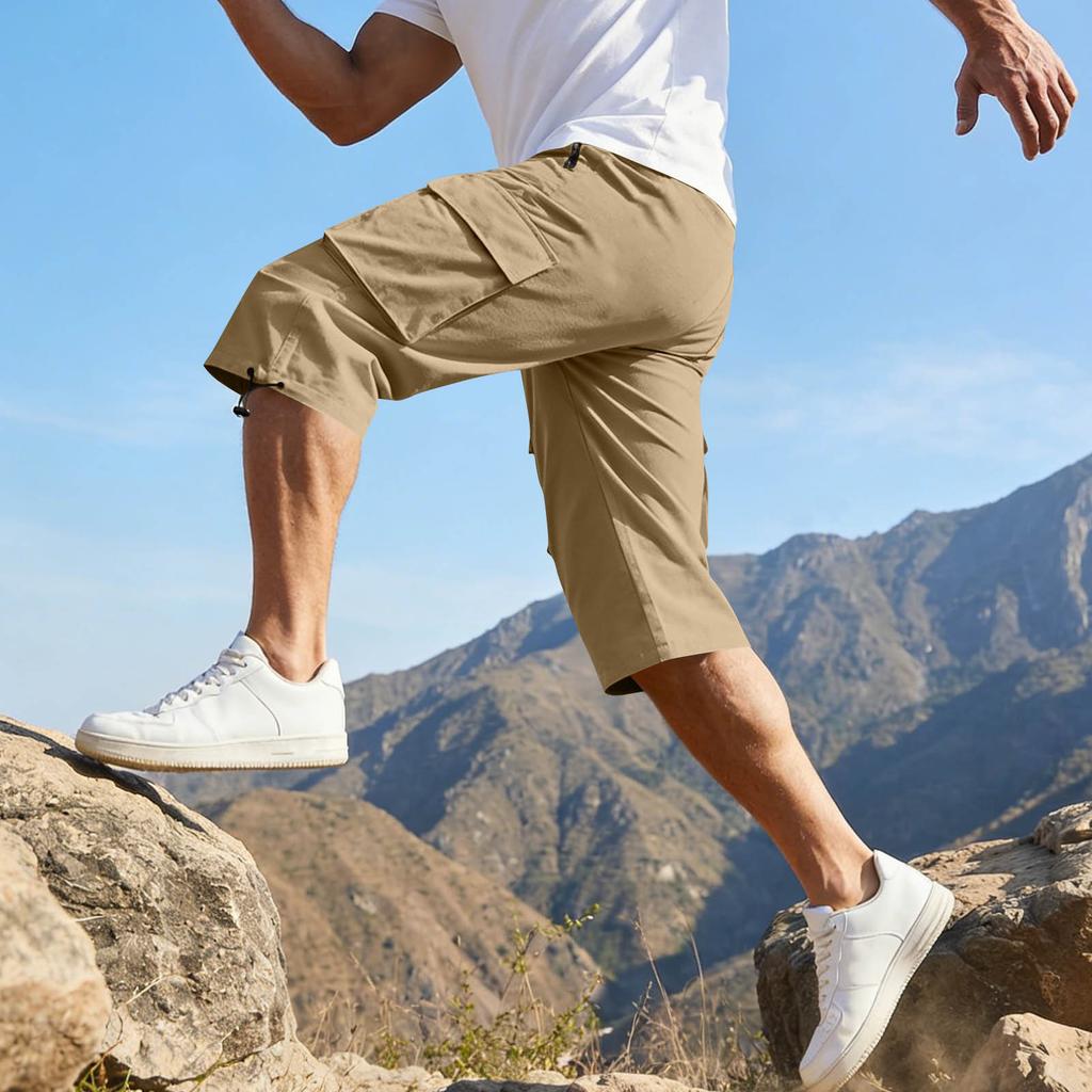 Men’s Casual 3/4 Length Cargo Shorts Elastic Waist Relaxed Fit Lightweight Multi Pocket Knee Length Pants