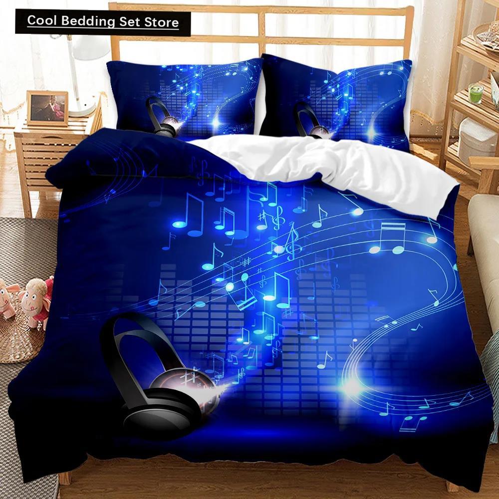 Set de lenjerie de pat cu husă de pilotă pentru căști, muzică rock, melodie, notă, alb rece, căști pentru băieți, dublă, dimensiunea Queen, King, din poliester, husă de pilotă