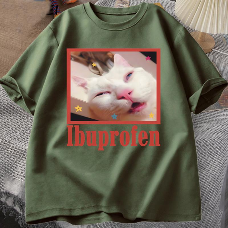 Ibuprofen Cat Meme Tshirt Funny Cat Graphic Tee Cute Cat Lover Cotton T-Shirt Casual Funny T Shirts Unisex Oversized Tshirt Tee