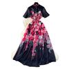 New holiday style dress women's French pearl breasted waist and thin temperament printed chiffon dress