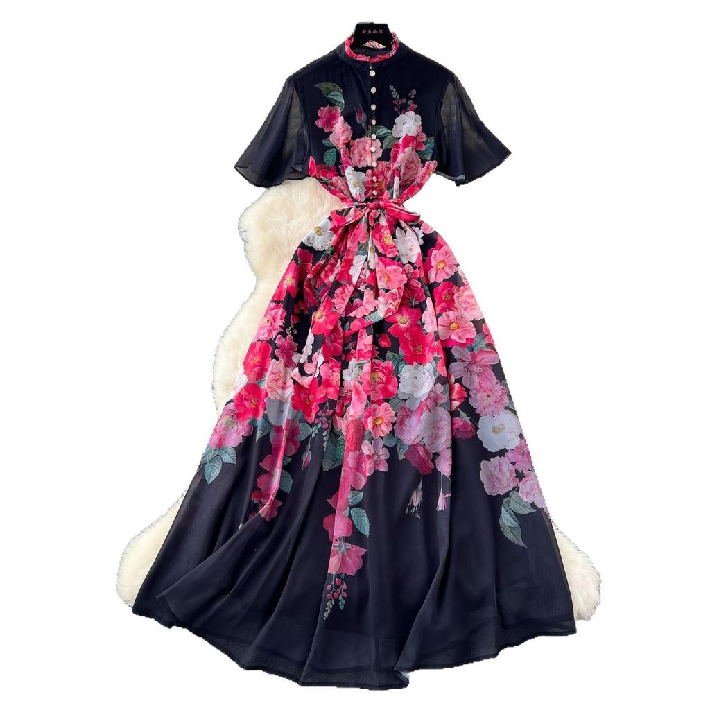 New holiday style dress women's French pearl breasted waist and thin temperament printed chiffon dress