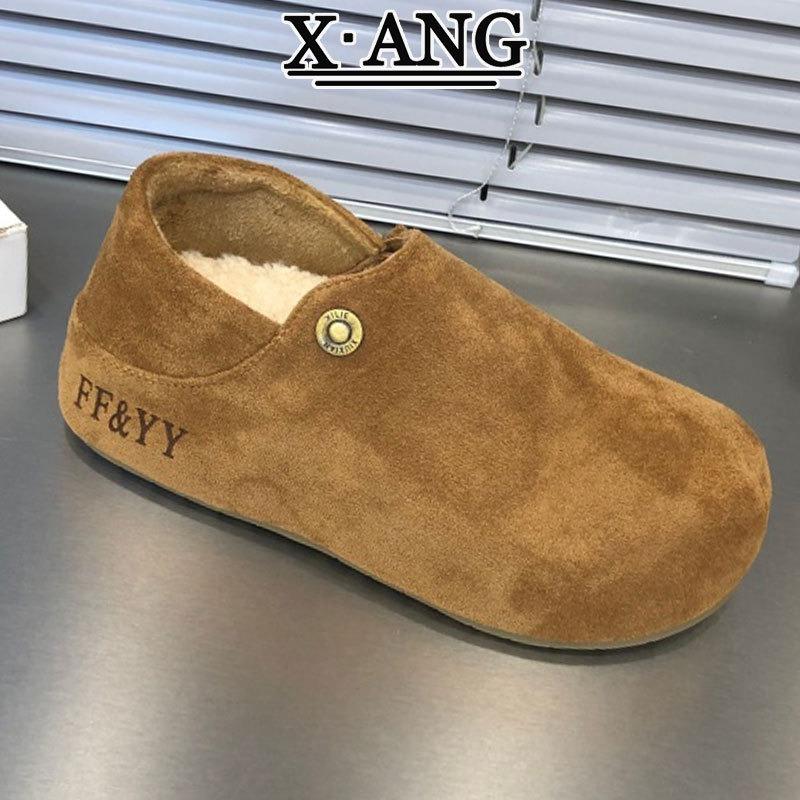 Cowhide version all-inclusive velvet warm lamb wool shoes, new autumn and winter one-pedal cotton shoes