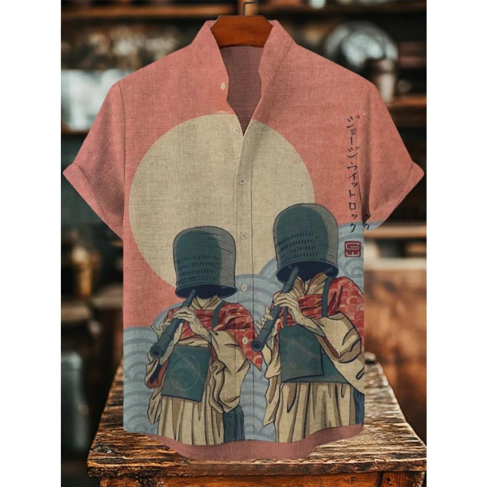 Men's Japanese Retro Art Black Cat Print Shirt Short Sleeve Stand Up Collar Single Breasted Casual Linen Top for Vacation