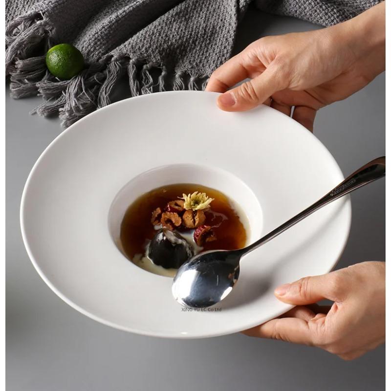 White Ceramic Plate El Tableware Straw Hat Plate Dessert Plate European Style Pasta Soup Plate Household Round Deep Plate Set