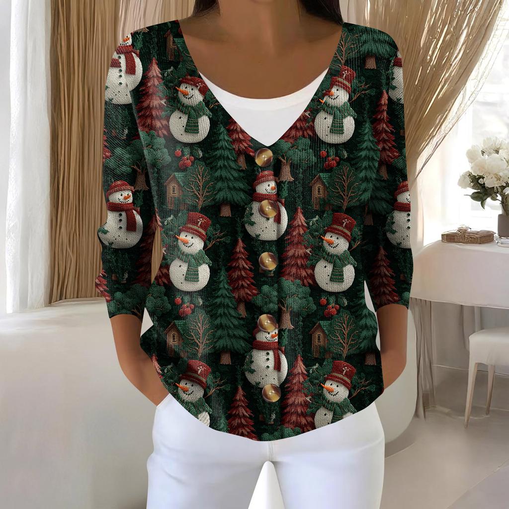 Damenmode Langarm Weihnachten Schneemann Schneeflocke Druck Jacke Strickjacke
