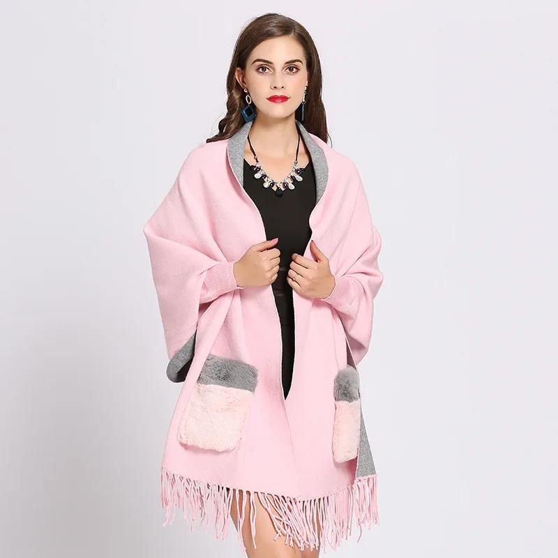 Winter Faux Cashmere Poncho Loose Streetwear Women Batwing Sleeve Shawl Capes Fur Pocket Female Oversize Tassel Knitted Cloak