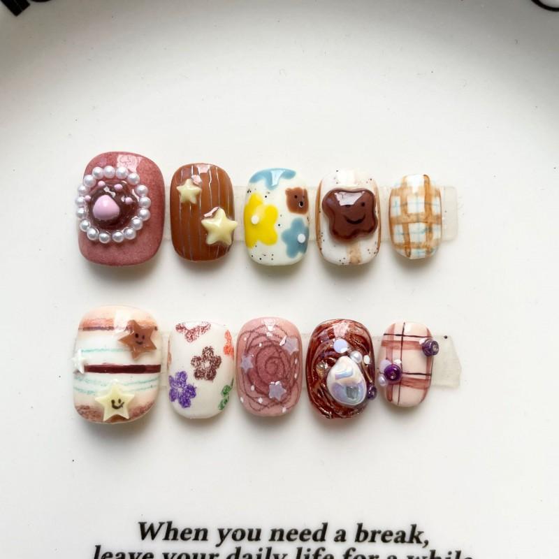 Cute Hand-Painted Press-On Nails Short Square Cat Eye Design Sweet Ins Style Nail Art Women
