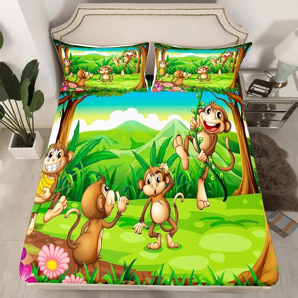 Set Copripiumino Scimmia Carina Set Biancheria da Letto Animale Cartone Animato per Bambini Set Biancheria da Letto Comodo e Caldo Adatto per Bambini Adolescenti