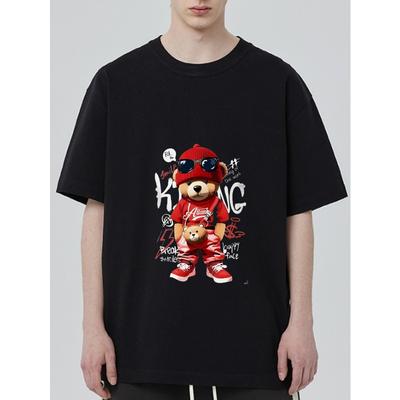Black T Shirt with Bear Cartoon Print and King Text for Casual Wear