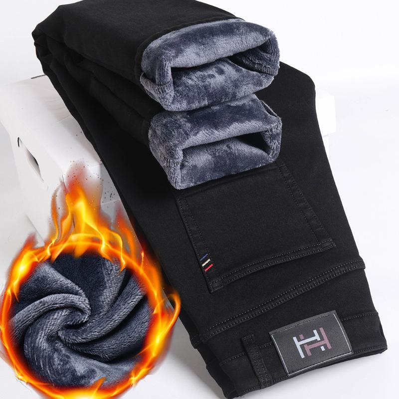Spring And Autumn New High End Plush Jeans For Men Straight Tube Slim Fit Elastic Thick Casual Pants Autumn And Winter Men'S Pants