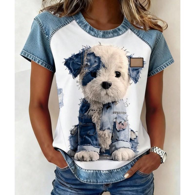 

Women s Panda Print Short Sleeve Blouses 2026 Summer New Fashion Casual Shirt O-Neck Right Shoulder Color Block Women Loose Tops S