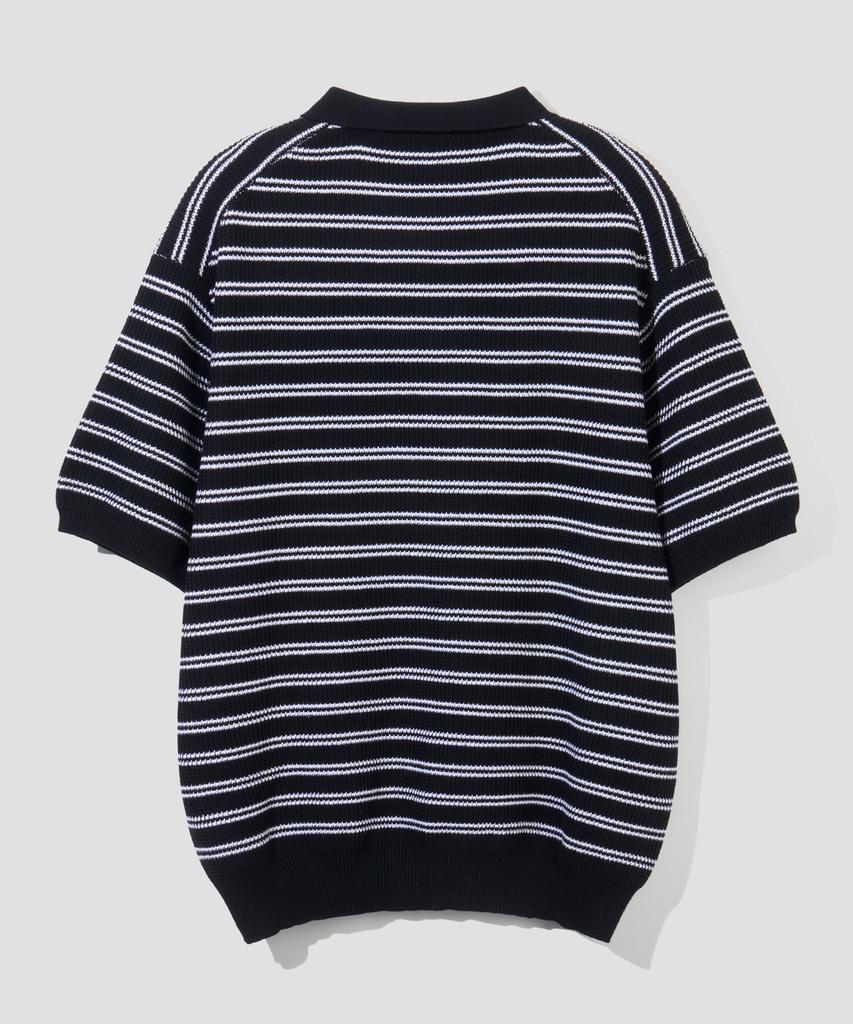 AGOD Collar Button Stripe Half Knit [Black]